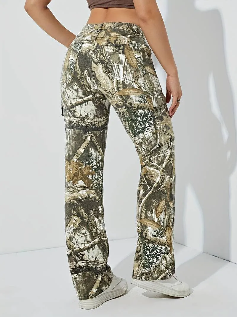Women Camouflage Cargo Pants Straight Wide Leg Trousers Jeans with Pockets