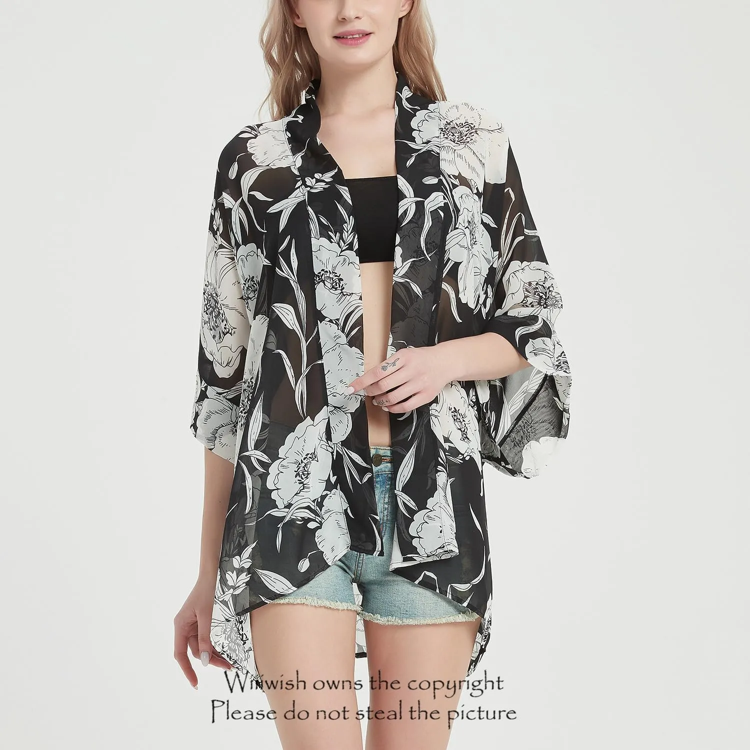 Women's Kimono Cardigans Camouflage Sheer Chiffon Blouse Boho Wrap Casual Coverup Loose Tops