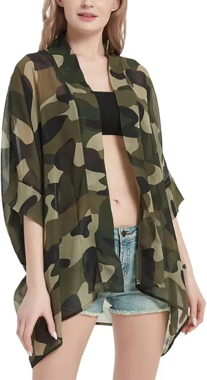 Women's Kimono Cardigans Camouflage Sheer Chiffon Blouse Boho Wrap Casual Coverup Loose Tops