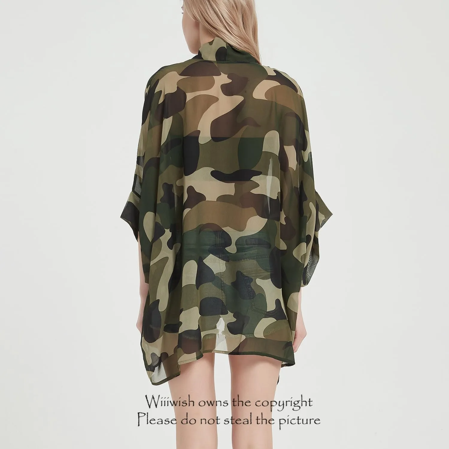 Women's Kimono Cardigans Camouflage Sheer Chiffon Blouse Boho Wrap Casual Coverup Loose Tops