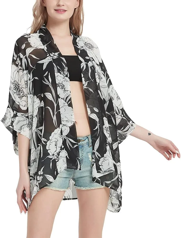 Women's Kimono Cardigans Camouflage Sheer Chiffon Blouse Boho Wrap Casual Coverup Loose Tops