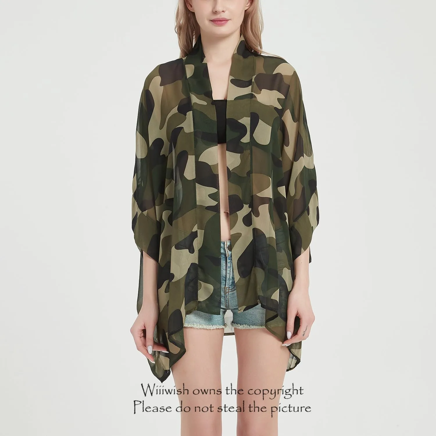 Women's Kimono Cardigans Camouflage Sheer Chiffon Blouse Boho Wrap Casual Coverup Loose Tops