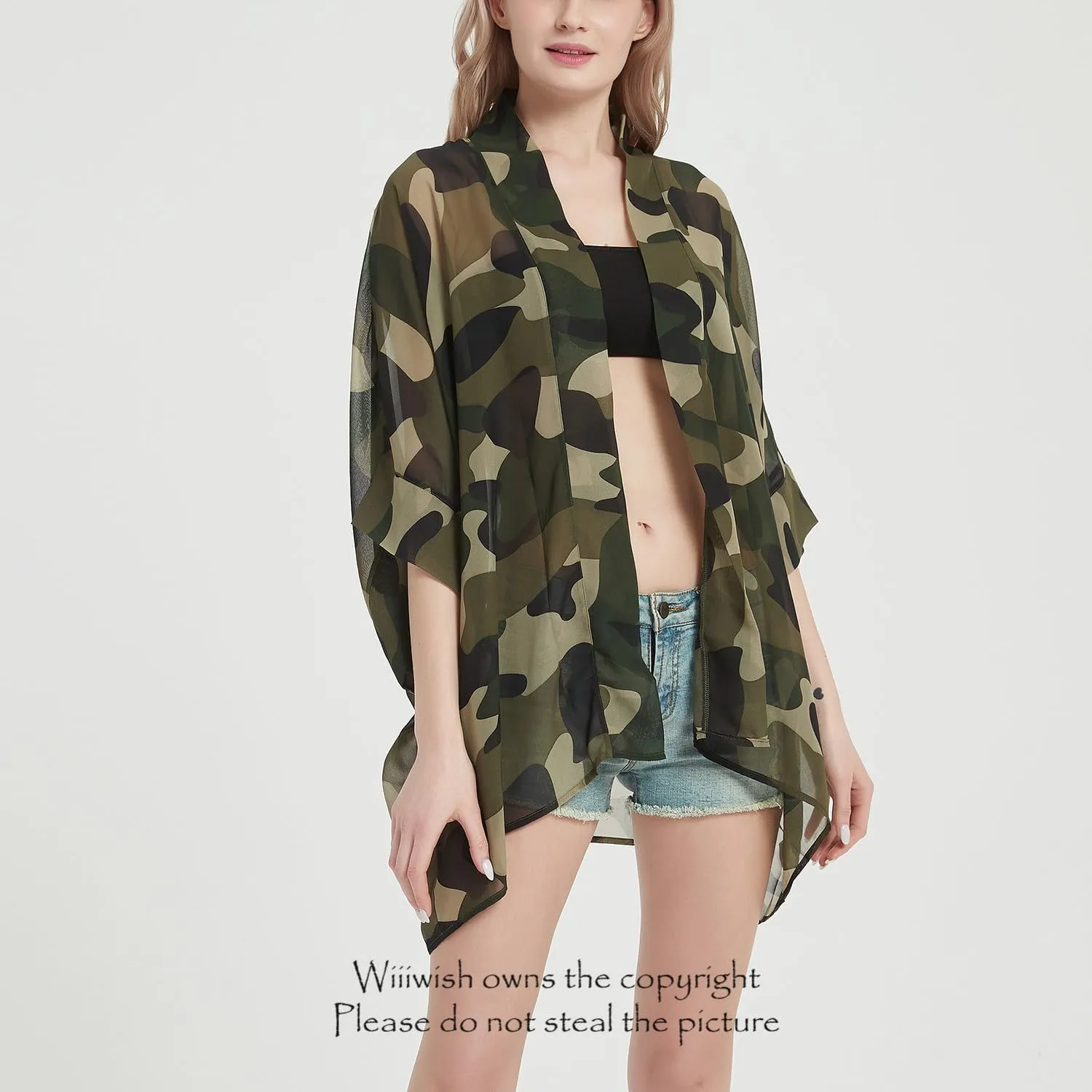 Women's Kimono Cardigans Camouflage Sheer Chiffon Blouse Boho Wrap Casual Coverup Loose Tops