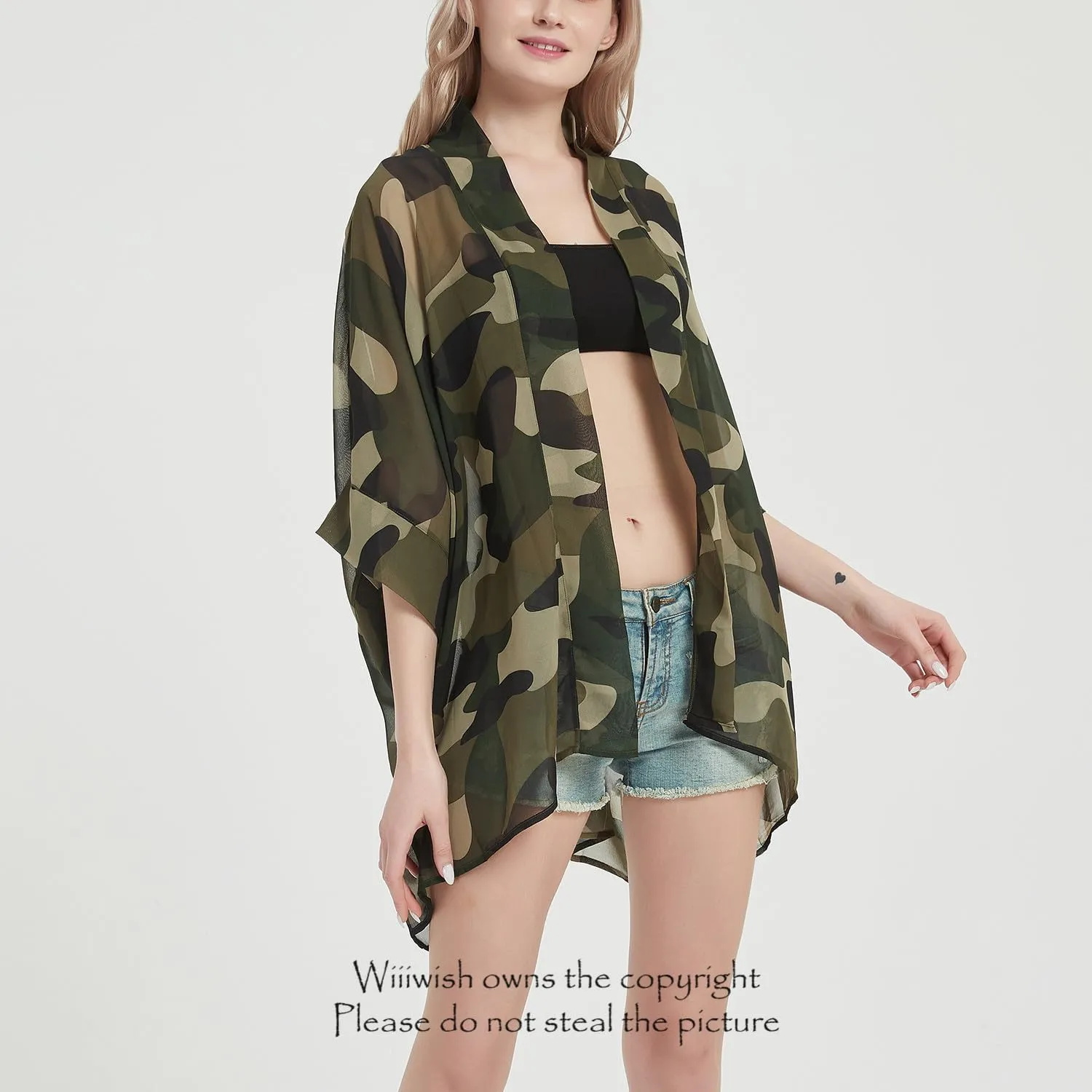 Women's Kimono Cardigans Camouflage Sheer Chiffon Blouse Boho Wrap Casual Coverup Loose Tops