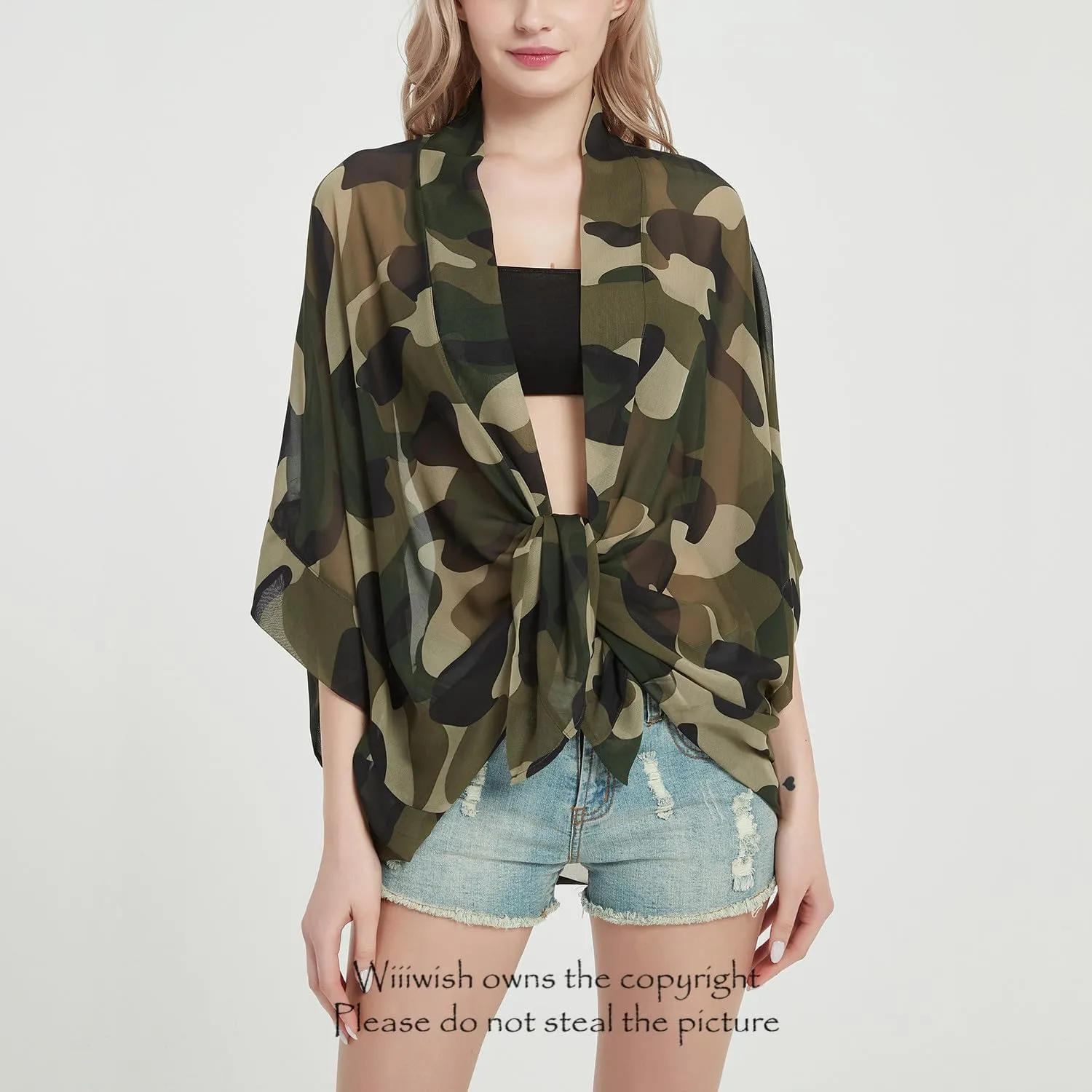 Women's Kimono Cardigans Camouflage Sheer Chiffon Blouse Boho Wrap Casual Coverup Loose Tops