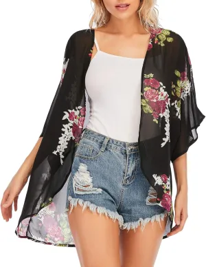 Zando Womens Floral Kimono Cover Ups Short Sleeve Kimono Cardigans Casual Shawl Cardigan Loose Open Front Kimono Tops