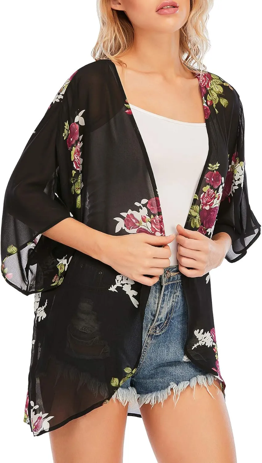 Zando Womens Floral Kimono Cover Ups Short Sleeve Kimono Cardigans Casual Shawl Cardigan Loose Open Front Kimono Tops
