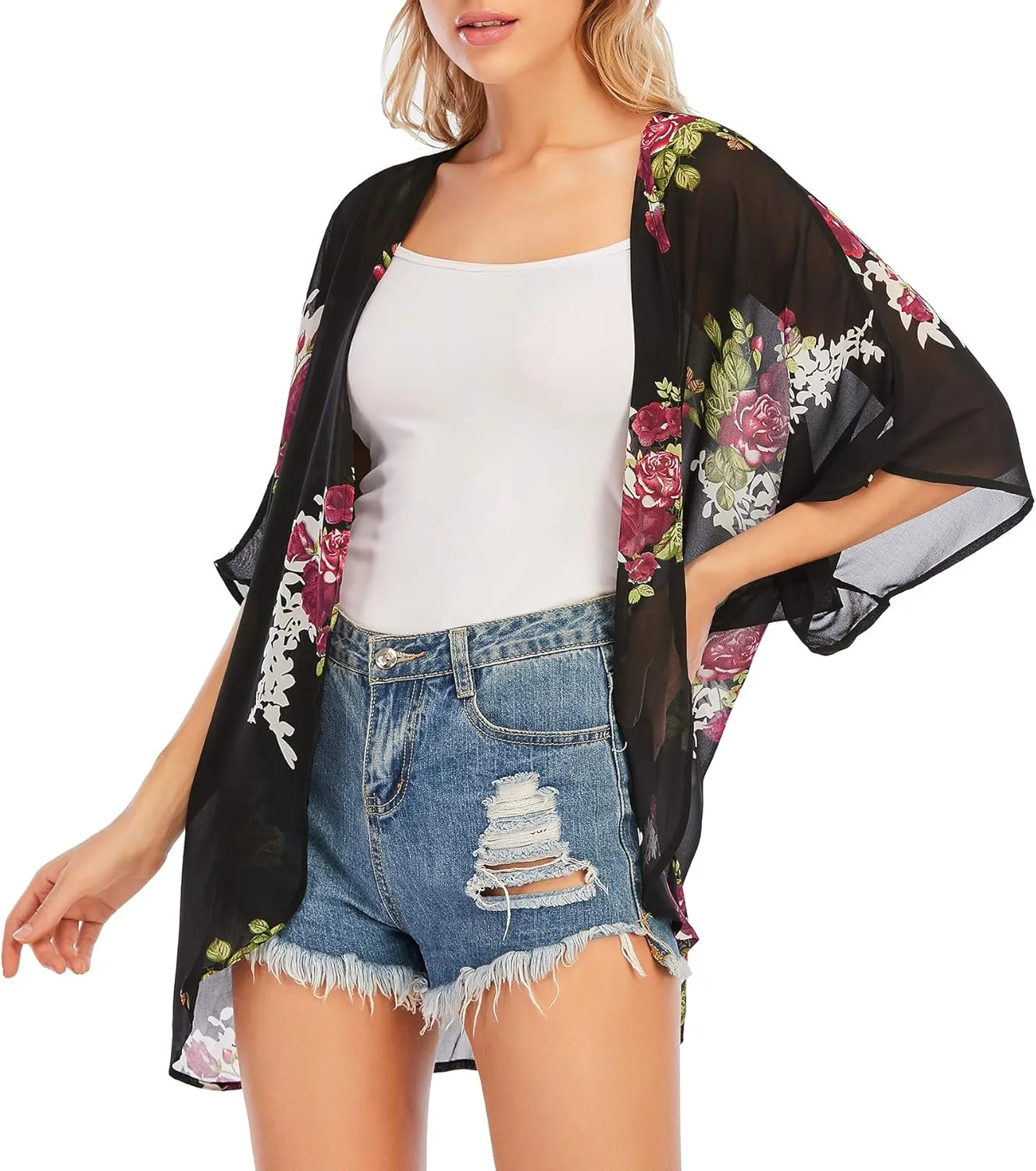 Zando Womens Floral Kimono Cover Ups Short Sleeve Kimono Cardigans Casual Shawl Cardigan Loose Open Front Kimono Tops