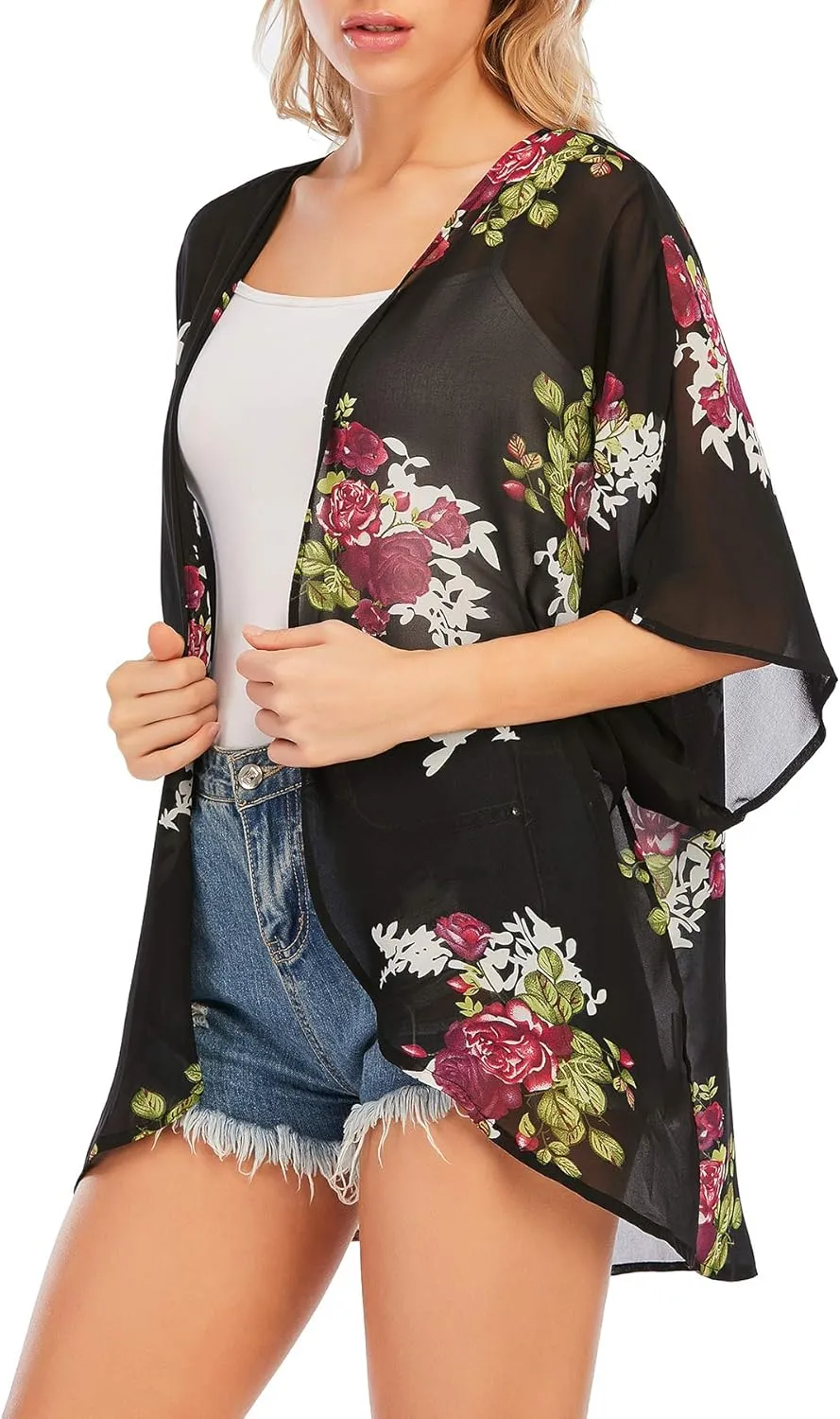 Zando Womens Floral Kimono Cover Ups Short Sleeve Kimono Cardigans Casual Shawl Cardigan Loose Open Front Kimono Tops